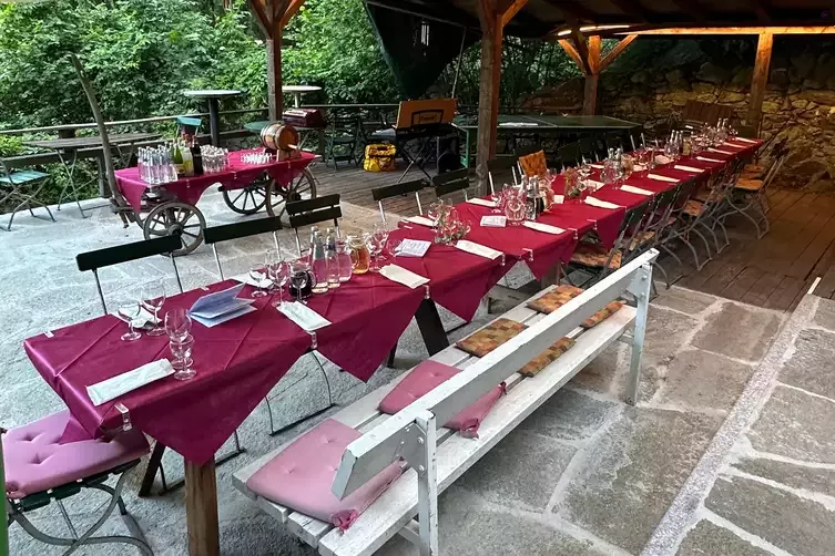 Lange Tafel im grünen Außenbereich des Schlosses